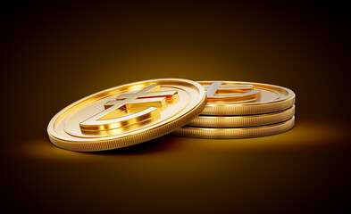 Stack Of Golden Shiny Turkish Lira Rounded Coins On Shiny Golden Glow Background 3d Illustration
