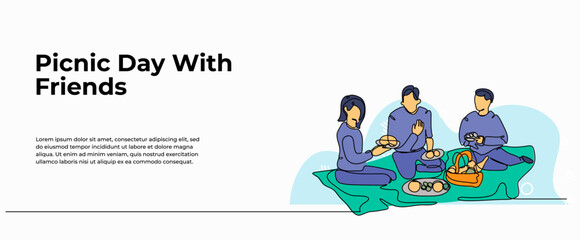 Vector illustration of picnic with friends. Modern flat in continuous line style.