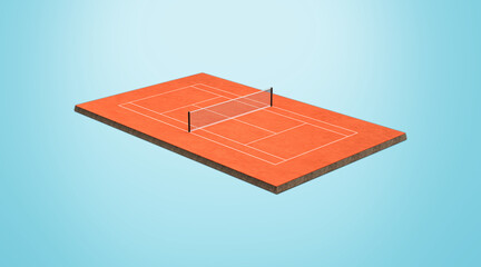 Orange Clay Tennis Court Field With Net And White Lines Marking Boundaries 3D Illustration