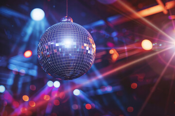 Obraz premium A shimmering disco ball reflecting colorful lights, suspended above a vibrant party scene filled with dynamic energy and celebration.