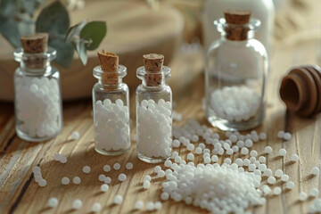 Small glass bottles with cork stoppers, filled with white spherical granules, possibly homeopathic globules, arranged on a rustic wooden surface.