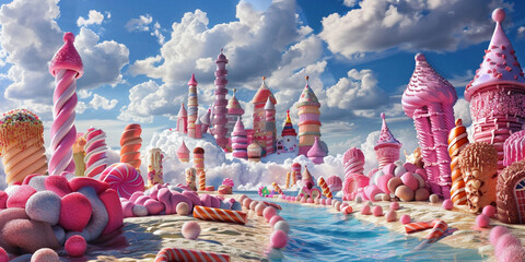 Candy castle featuring ice cream cone turrets a frosting covered drawbridge