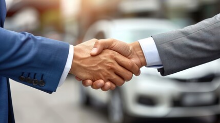 Two men shaking hands in front of a car