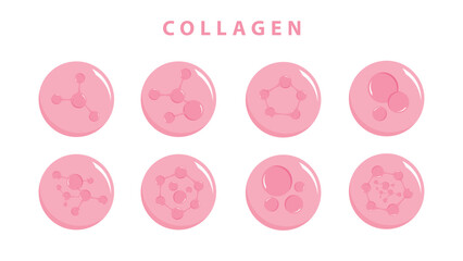 Collagen-Content1Molecules inside bubbles. Collagen serum bubble. Cosmetic essence. Concept skin care cosmetics solution.  flat vector 2d illustration.