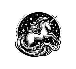 Unicorn hand drawn vintage illustration black and white