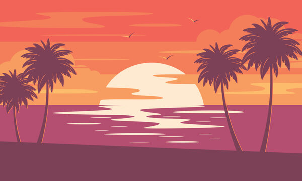 Sunset tropical beach with palm trees and sea. Nature landscape and seascape.