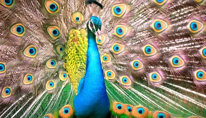 Obraz premium A colorful peacock displaying its feathers, with each feather's vibrant hues contrasting against the others. 1