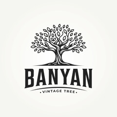 vintage classic oak banyan old tree label logo vector illustration design