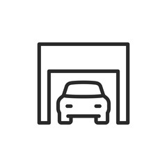Car in garage, linear style icon. car inside a garage or repair shop. Editable stroke width.