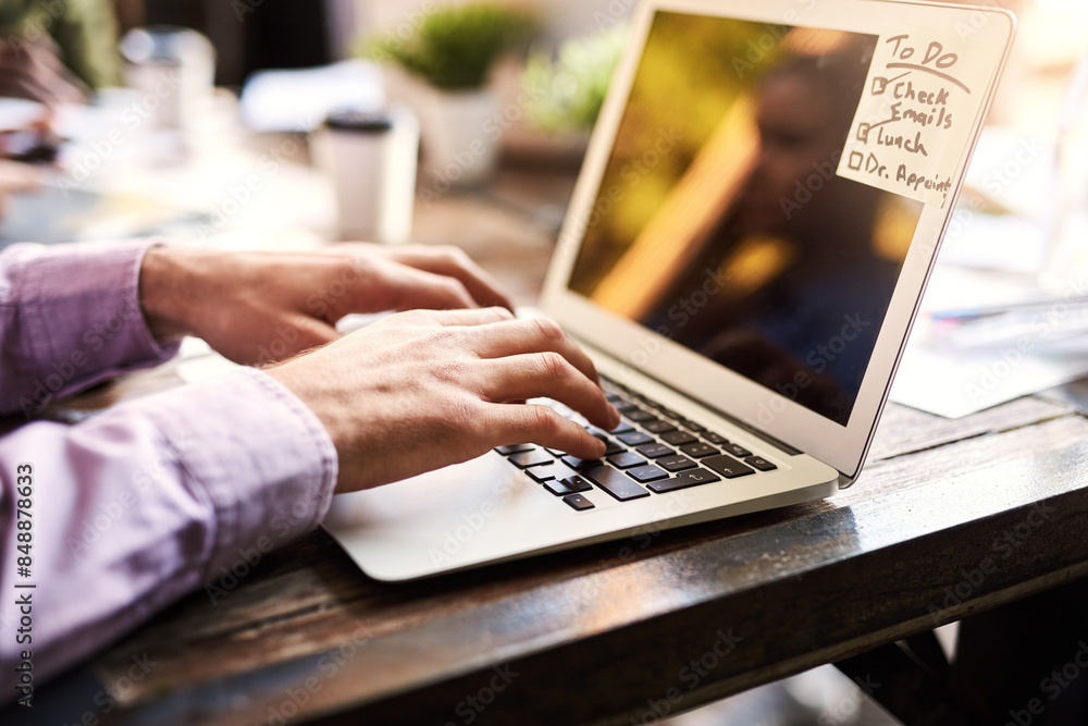Poster business, man and hands typing on laptop, communication and employee with sticky note for checklist 