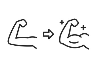 Muscle growth, linear style. Arm with small muscles becoming muscular. muscle building. Editable stroke width