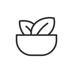 Leaves in bowl, linear style icon. Salad. Editable stroke width