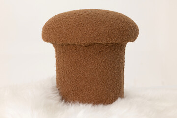 Brown mushroom puff on a white plush background.