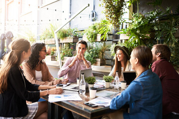 Creative, teamwork and people in cafe for meeting, strategy and workshop for online startup project...