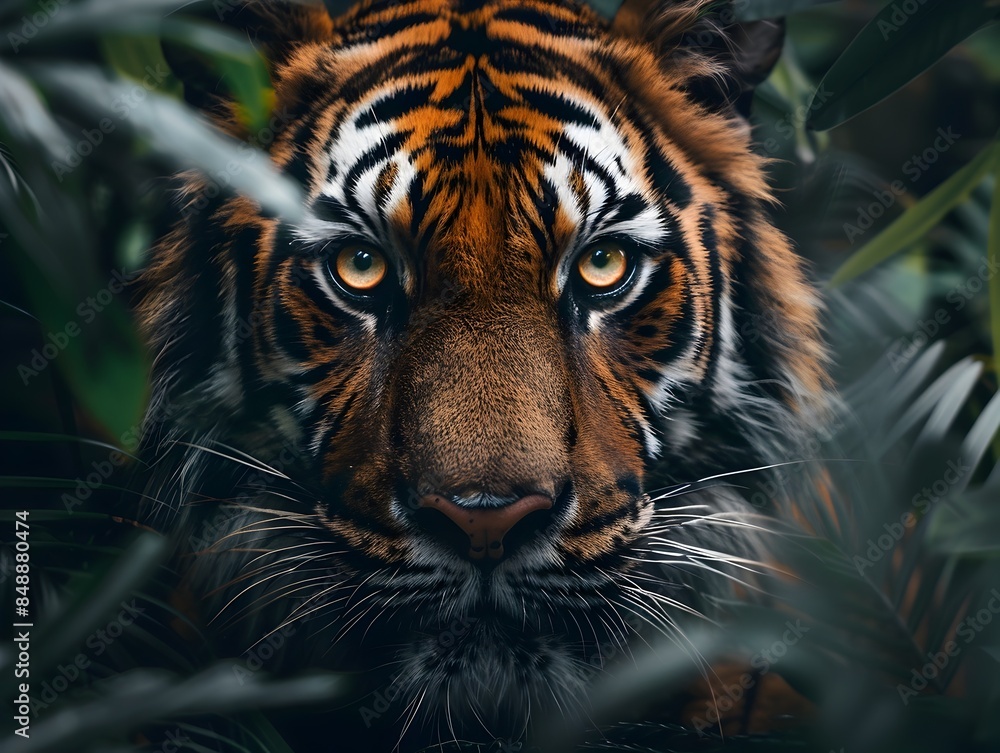 Poster Intense Close Up Portrait of Tiger Surrounded by Lush Jungle Foliage