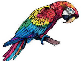 Fototapeta premium A colorful parrot is perched on a branch. The bird's bright colors and its position on the branch create a sense of liveliness and energy