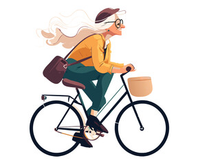 An elderly woman is riding bicycle. Active sport for health and leisure activities. Senior woman cycling outdoor. Healthy lifestyle. Vector illustration isolated on white background