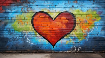 A heart-shaped graffiti mural with bold, vibrant colors and a stylized design, painted on a...