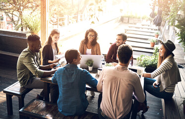 Business, people and creative meeting outside or discussion, planning and website launch with...