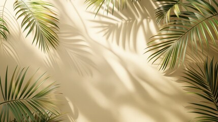 Obraz premium Palm leaves casting shadows on a beige wall, creating a tropical and tranquil atmosphere