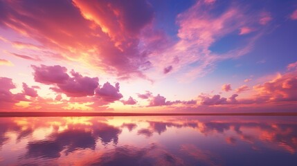 A mesmerizing sunset, where the sky is ablaze with hues of orange, pink, and purple, set against a backdrop of wispy white clouds, creating a breathtaking spectacle of nature's artistry.