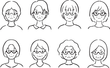 Set of line drawings of the face of an elderly woman wearing glasses with an angry expression 8 persons