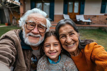 Grandparents and granddaughter smiling and taking a selfie outside their home, wearing warm clothes, expressing joy and love