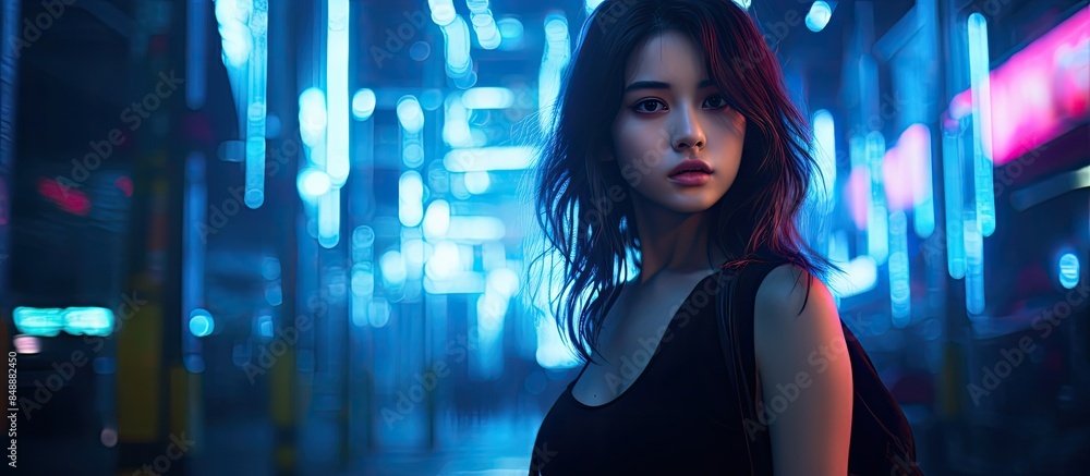 Poster a captivating night portrait showing a girl under neon lights with a blank space for text or additio