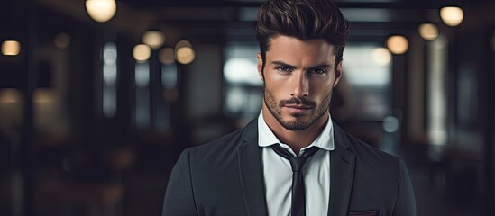 Fototapeta premium A focused man gazes at the camera in a high quality photograph achieved through collaboration with professional models and other experts for optimal results emphasizing the copy space image