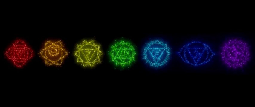 cyclic 3D rendering. chakras in esotericism. the glowing particles scatter in different directions