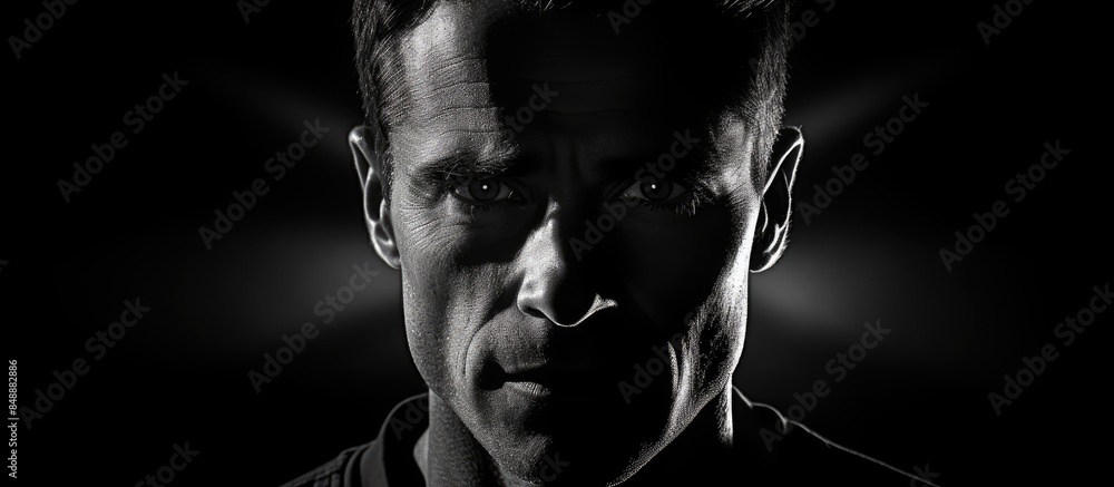 Poster dramatic close up black and white portrait of a man against a black background illuminated by one li