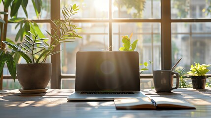 Fototapeta premium A high-resolution image of a modern office workspace with a sleek laptop, a stylish cup of coffee, a potted plant, and a notebook with a pen