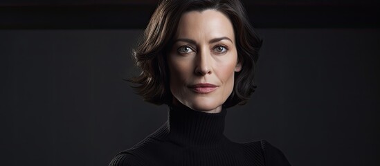 Fototapeta premium A brunette middle aged woman in a black turtleneck sweater poses confidently against a dark backdrop in the portrait with room for additional images