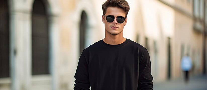 Fashionable portrait of a young man model in black pullover and sunglasses posing near white columns in the old town showcasing men s style and beauty with copy space image