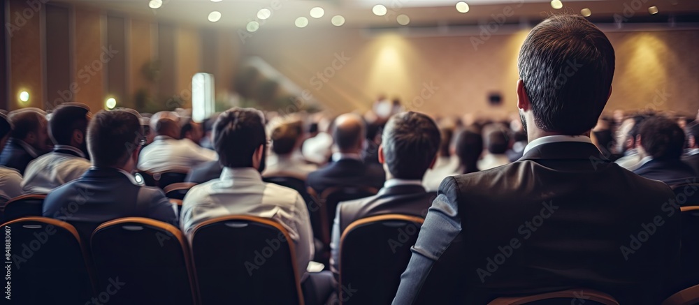 Poster presenter speaking at a business convention with an audience in a conference hall with copy space im