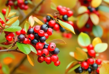 A close-up of a branch with red leaves and dark purple chokeberries growing on it in the fall.
