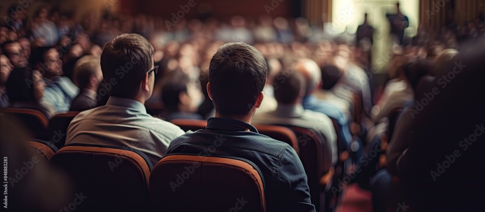 Poster at a business event in a conference hall an unidentified speaker gives a lecture while unrecognizabl