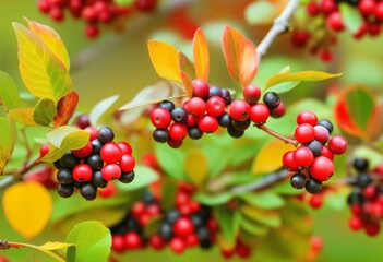 Obraz premium A close-up of a branch with red leaves and dark purple chokeberries growing on it in the fall.