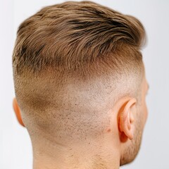 Obraz premium A closeup of a man's faded undercut with a textured top, showing the precise transition between the short sides and the longer top on a solid white background.