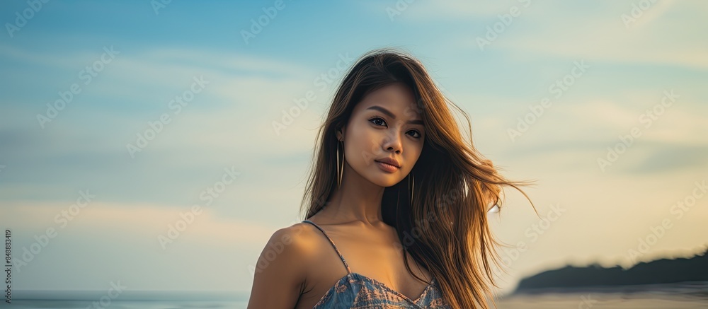 Poster attractive young lady enjoying the beach with a stunning background and room for text or an image. c