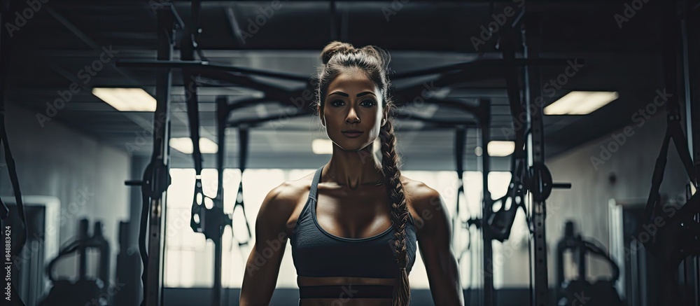 Poster an attractive woman exercising and doing functional workouts in the gym with space for adding images