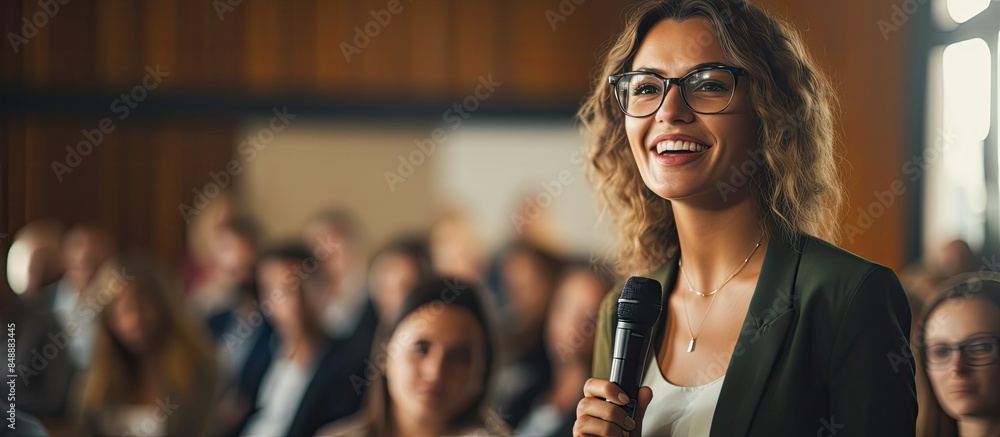 Poster female speaker presenting in a university workshop with participants in a lecture hall taking notes 