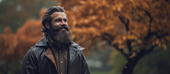 A bearded man standing in the rain during autumn accompanied by stormy weather exudes relaxation and positive thoughts in an image with copy space