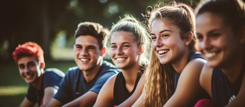 A group of cheerful teenage friends or athletes doing sit ups at a boot camp embodying fitness sport friendship and a healthy lifestyle concept with a copy space image