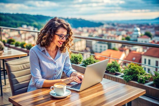 A digital nomad typing on a laptop at a trendy café, with a coffee cup and a city view in the background.
