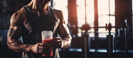 A well built man mixing a protein drink in a shaker at the gym holding a blender bottle Toned image with copy space for text