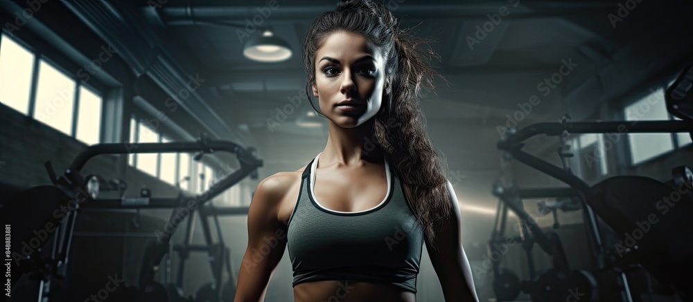 Poster an attractive woman exercising and doing functional workouts in the gym with space for adding images