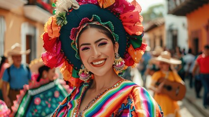 Vivid photo of a Mexican dark skinned woman in traditional attire, wearing big earrings and colorful sombrero