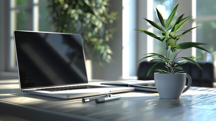Fototapeta premium A high-resolution image of a modern office workspace with a sleek laptop, a stylish cup of coffee, a potted plant, and a notebook with a pen