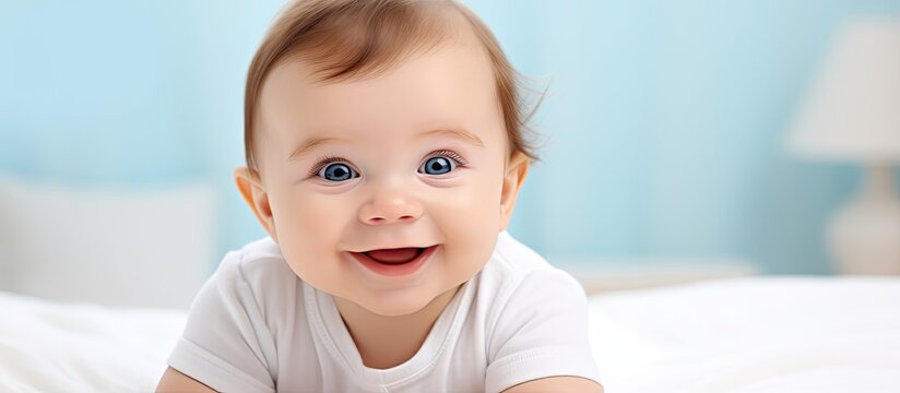 Happy cute baby with a beautiful smiling face in a joyful adorable expression ideal for children people infancy and age concepts in a delightful copy space image